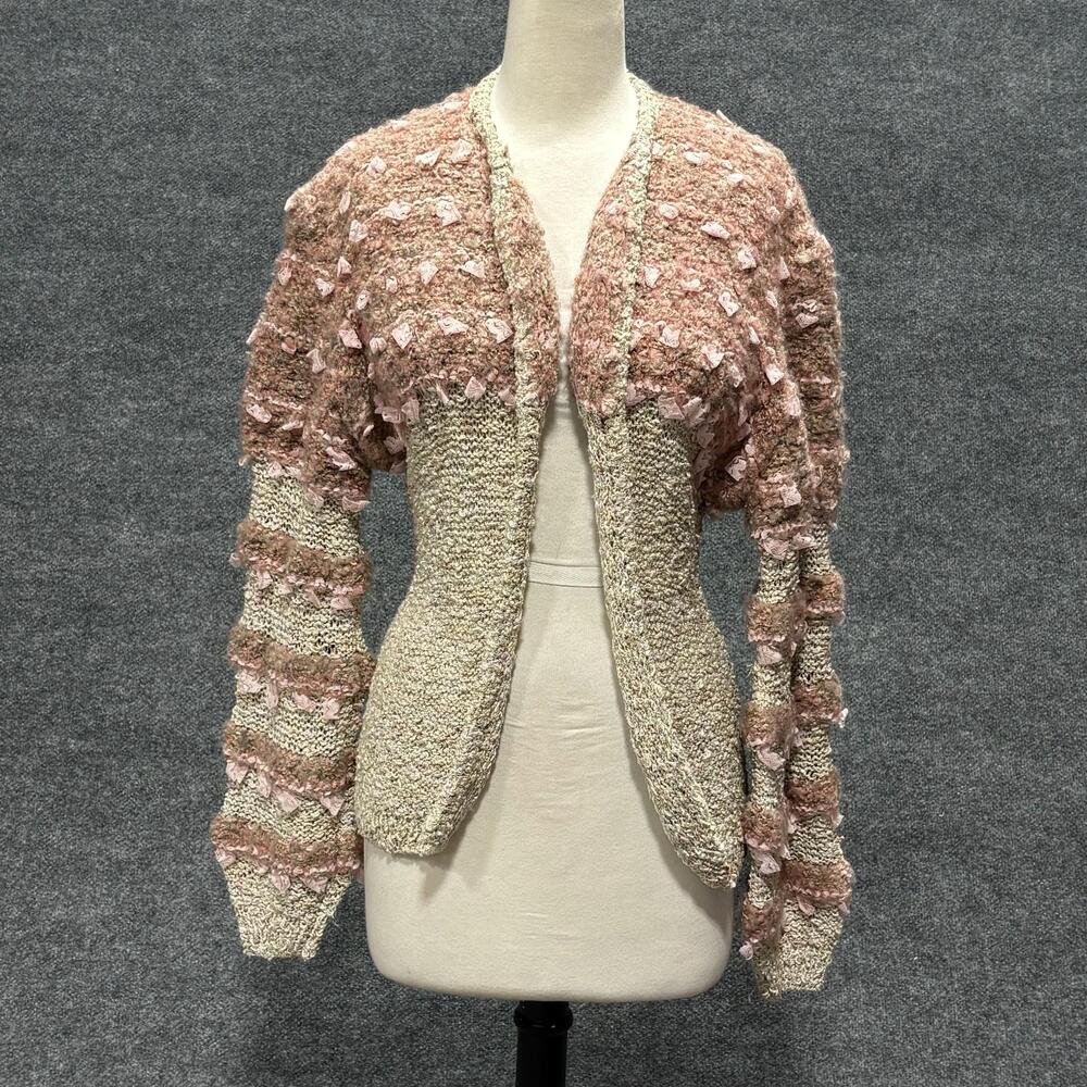 Vintage Sweater Womens Small Beige Pink Mixed Media Knit Shag Open Cardigan